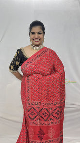 Vriksham Red Ajrakh Modal Silk Saree-VS4437